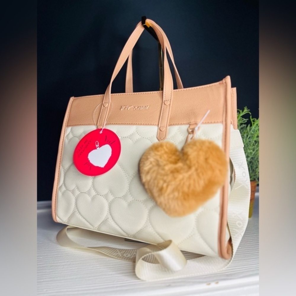 Betsey Johnson XO Becca Quilted Tote Satchel Beige & Cream Fuzzy Heart Charm NWT